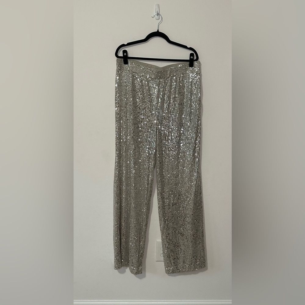 Chico's Black Label Sequin Wide Leg Pants 14 Beige Silver Pull On Holidays Party